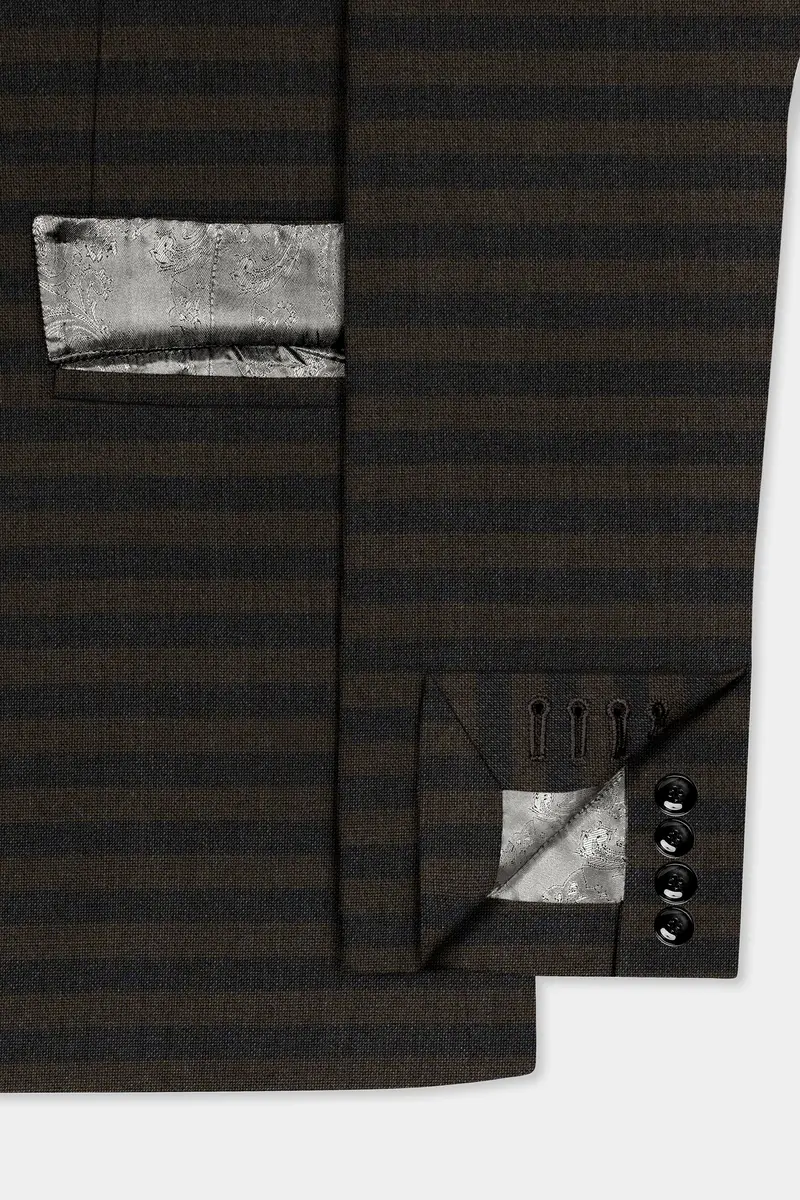 Taupe Brown With Jade Black Striped Wool Blend Double Breasted Blazer 6
