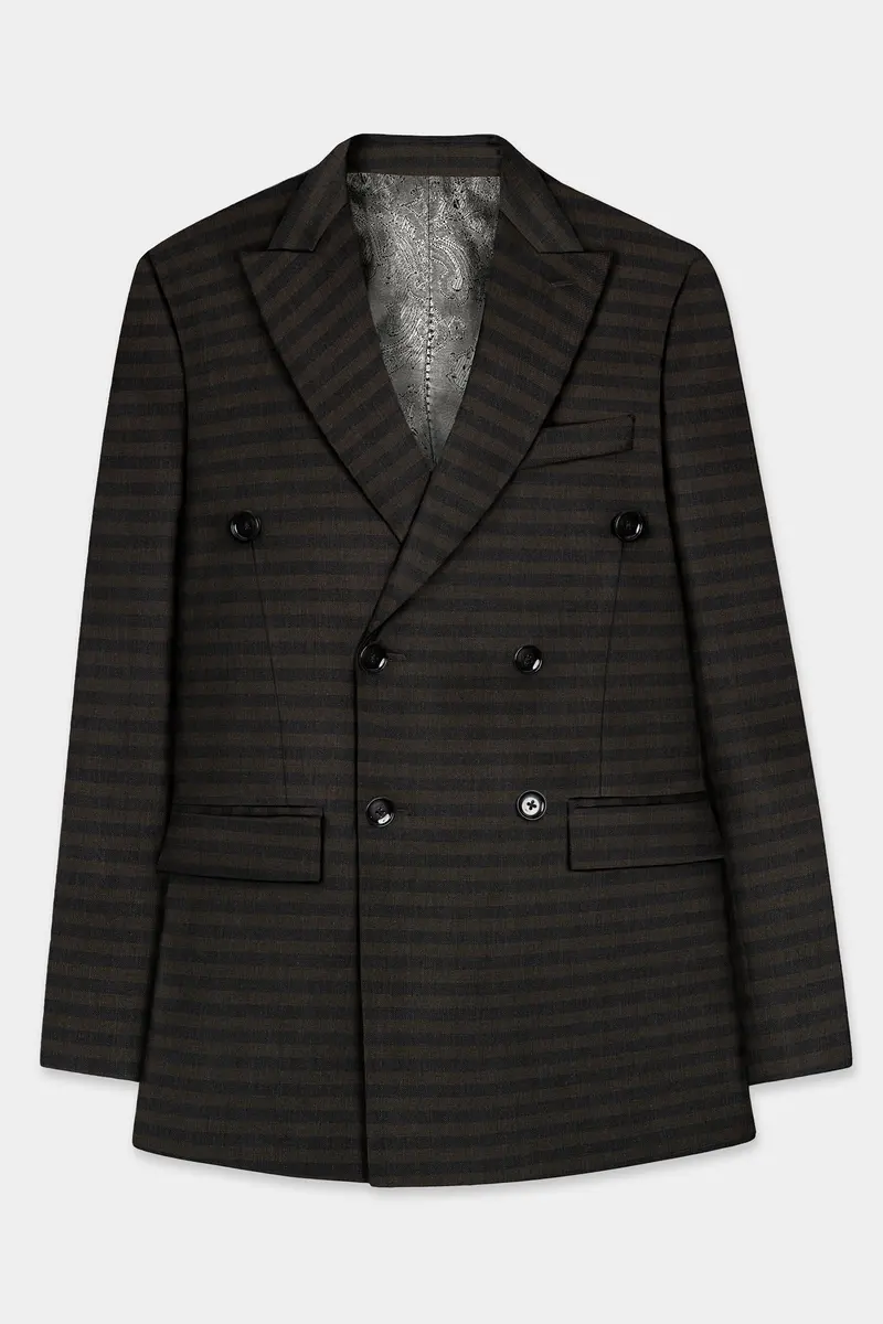 Taupe Brown With Jade Black Striped Wool Blend Double Breasted Blazer 7