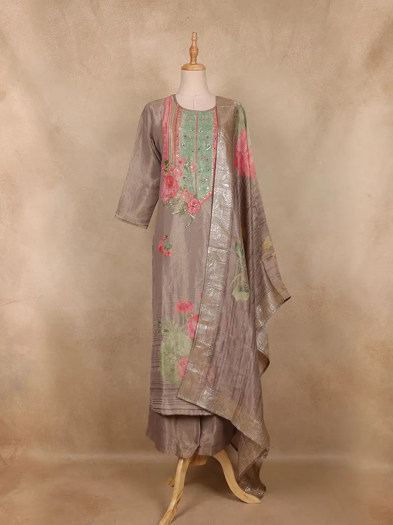 Taupe Floral Printed And Sequins Embroidered Tissue Silk Salwar Suit With Dupatta 1