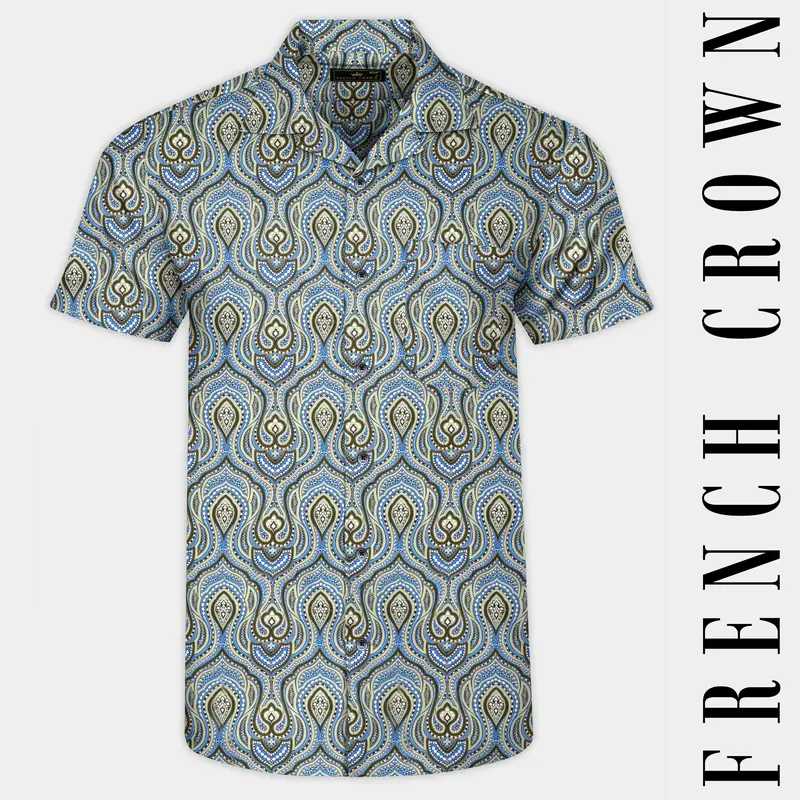 Taupe Green And Curious Blue Multicolour Ethnic Printed Subtle Sheen Super Soft Premium Cotton Shirt 1