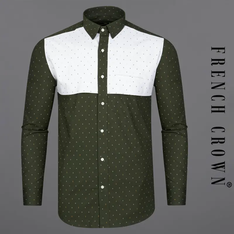 Taupe Green And White Dobby Textured Designer Shirt 1