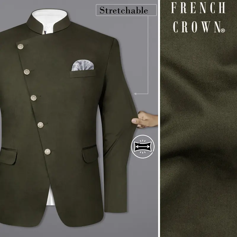 Taupe Green Cross Placket Stretchable Premium Cotton Bandhgala Traveler Blazer 1