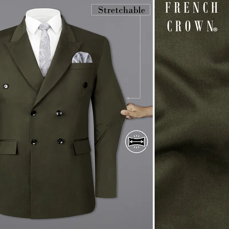 Taupe Green Solid Stretchable Premium Cotton Double Breasted Traveler Blazer 1