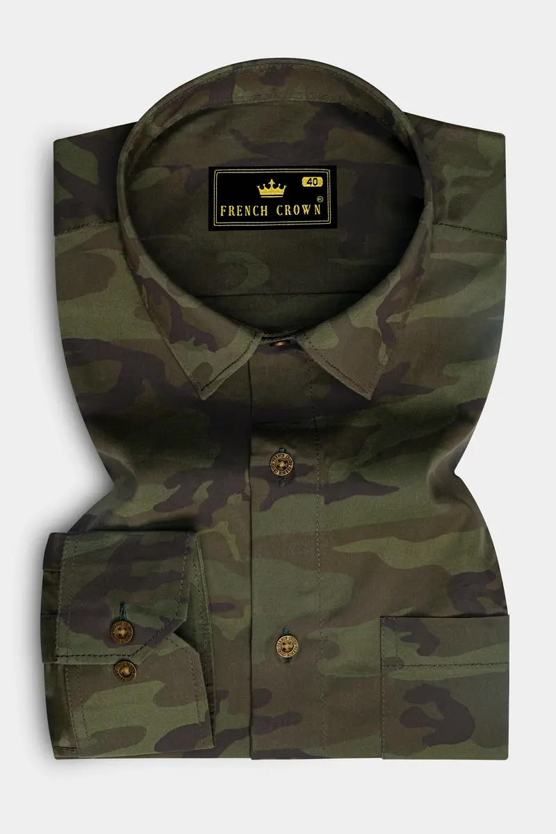 Taupe Green With Finch Green Camouflage Printed Royal Oxford Shirt 4