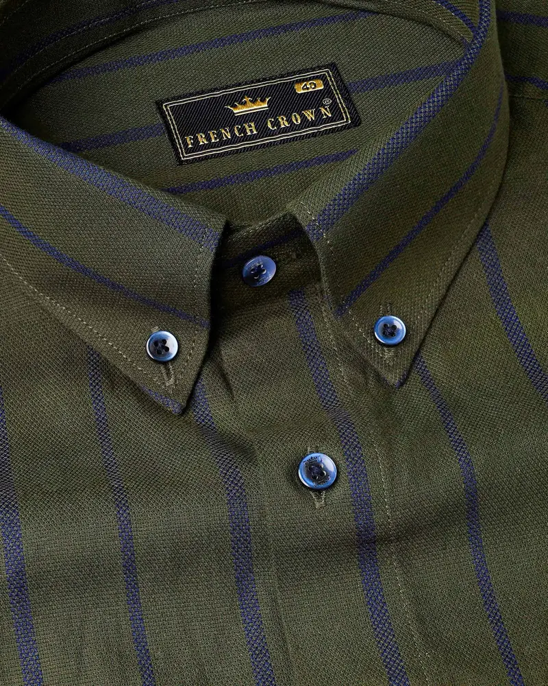 Taupe Green With Valhalla Blue Striped Dobby Textured Premium Giza Cotton Shirt 1