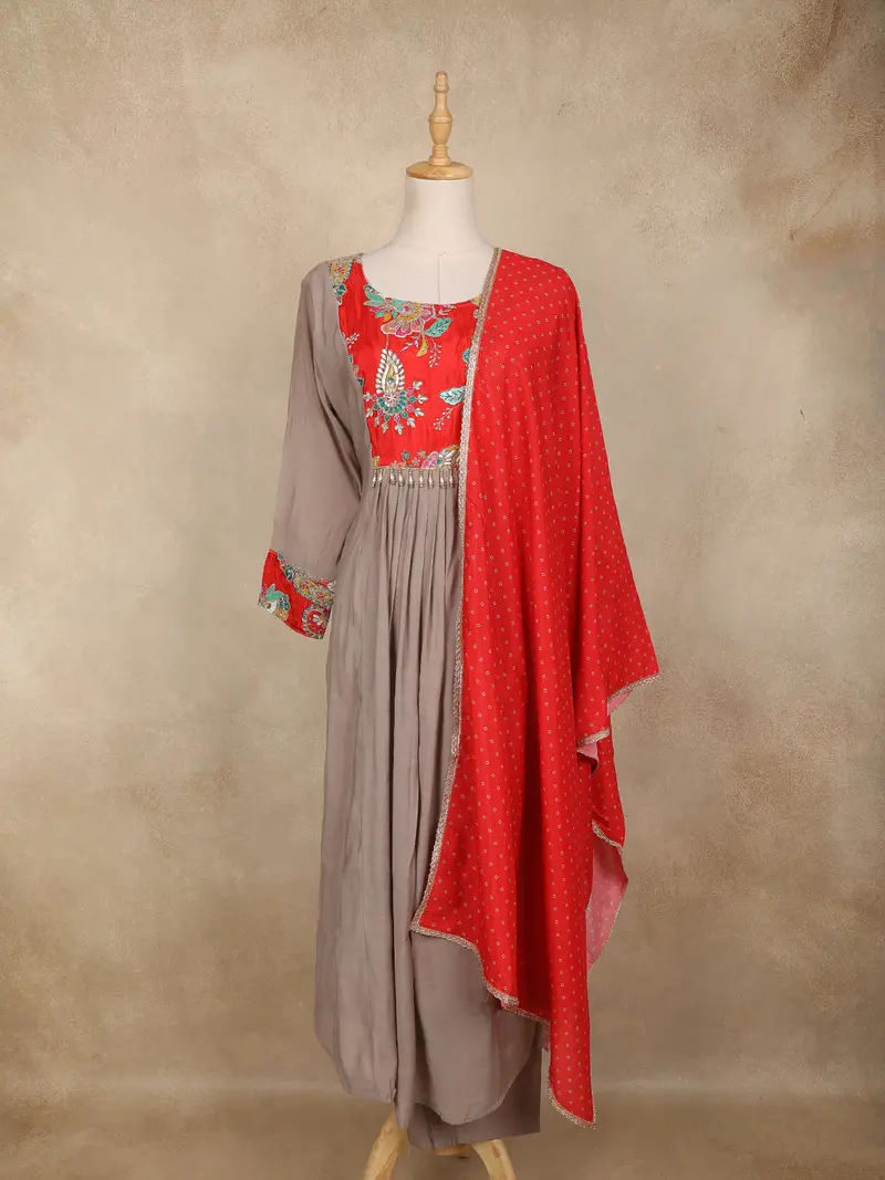 Taupe Grey Floral Embroidered Cotton Anarkali Suit With Dupatta 1