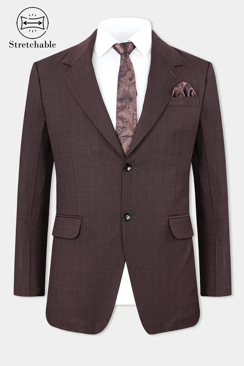 Taupe Maroon Stretchable Dobby Single Breasted Traveler Blazer 2