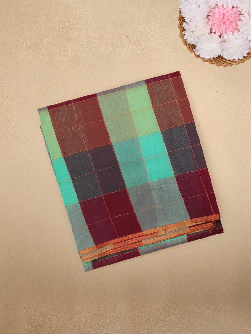 Teal And Maroon Checked Design Cotton Saree With Contrast Border 1