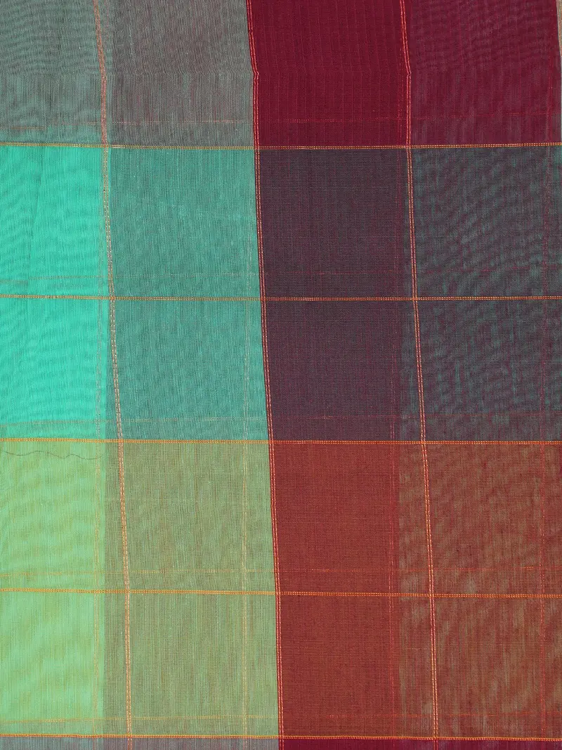 Teal And Maroon Checked Design Cotton Saree With Contrast Border 2