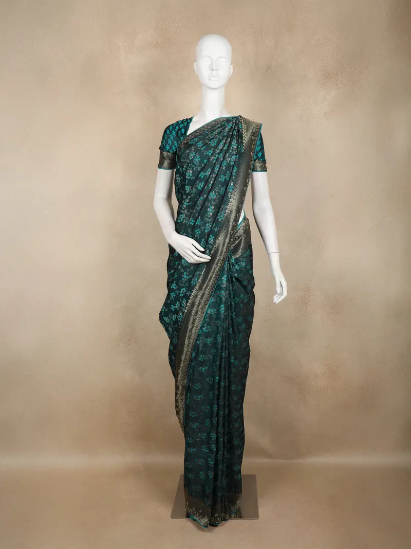 Teal Banarasi Saree With Floral Design And Designer Border 1