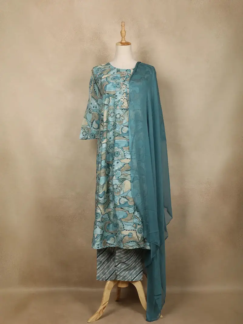Teal Blue Abstract Floral Printed Cotton Salwar Suit With Dupatta 1