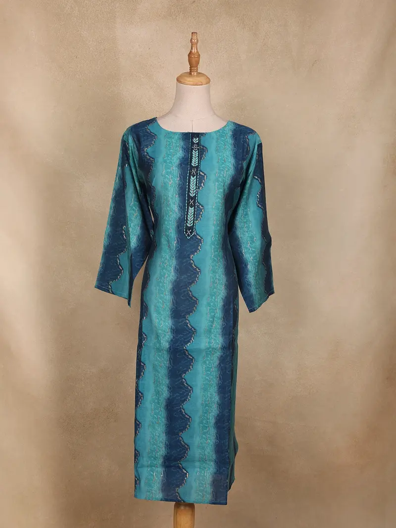 Teal Blue Abstract Printed Cotton Kurti 1