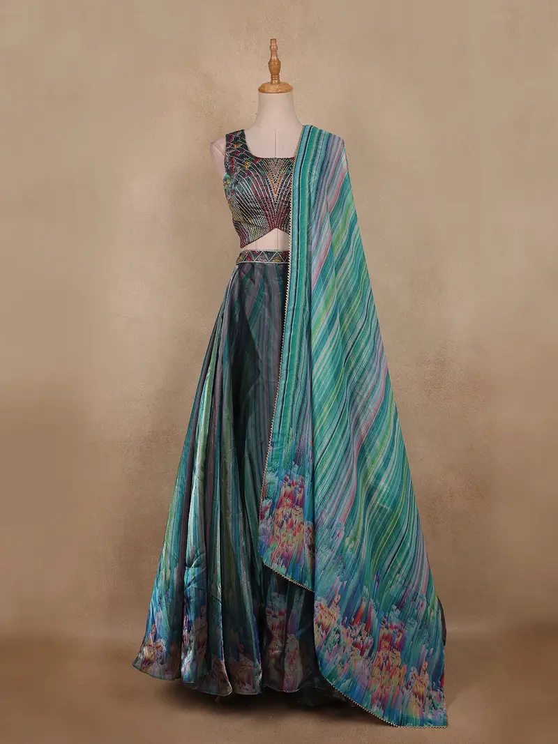 Teal Blue Abstract Printed Design Organza Lehenga With Dupatta 1