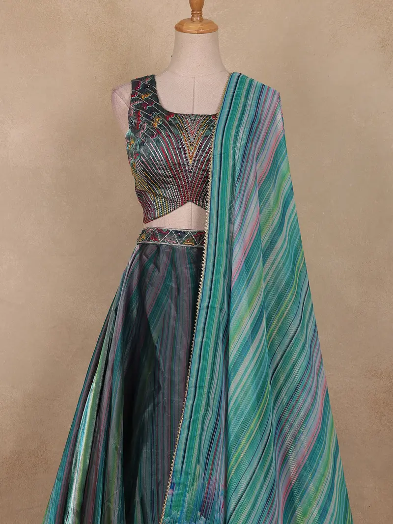 Teal Blue Abstract Printed Design Organza Lehenga With Dupatta 2