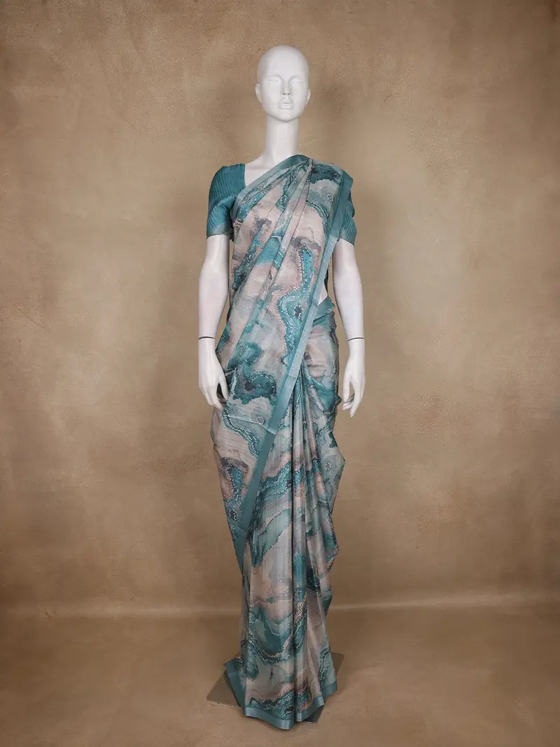 Teal Blue And Beige Abstract Printed Design Tussar Saree With Zari Border 1