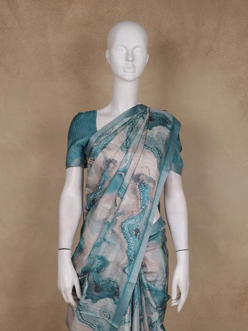 Teal Blue And Beige Abstract Printed Design Tussar Saree With Zari Border 2