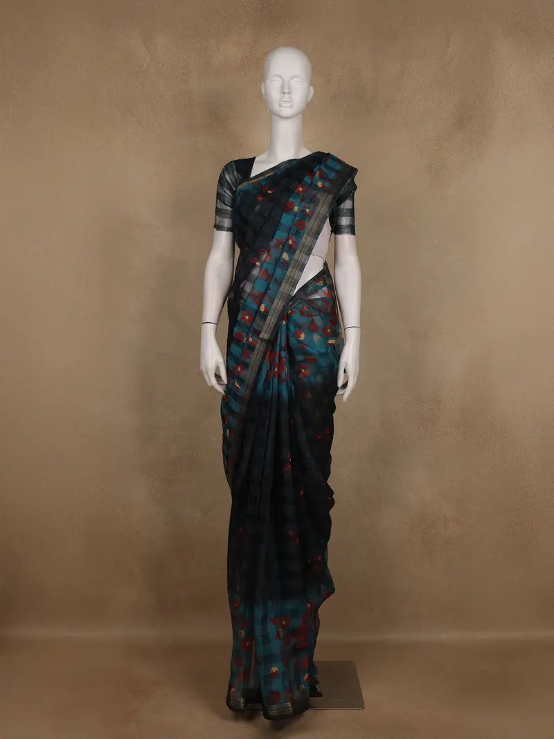 Teal Blue And Black Checked Floral Design Cotton Saree 1
