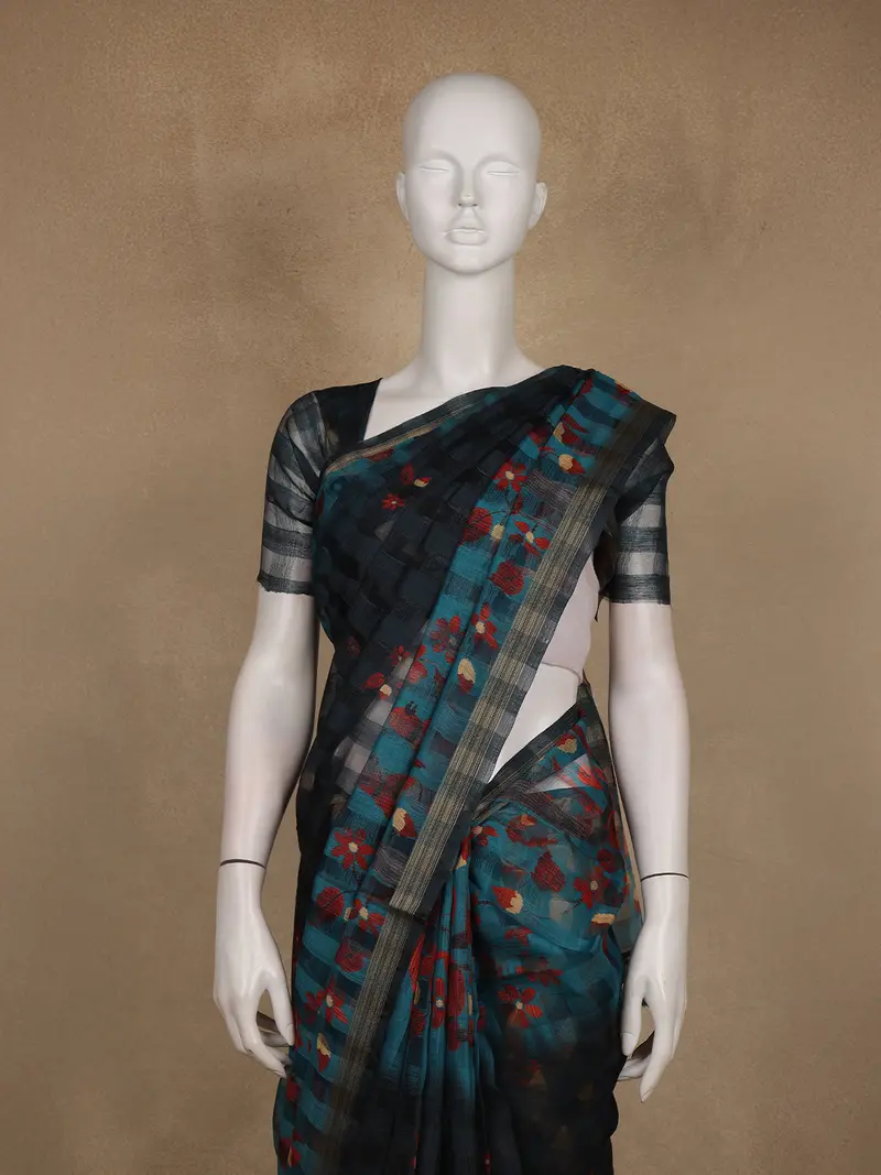 Teal Blue And Black Checked Floral Design Cotton Saree 2