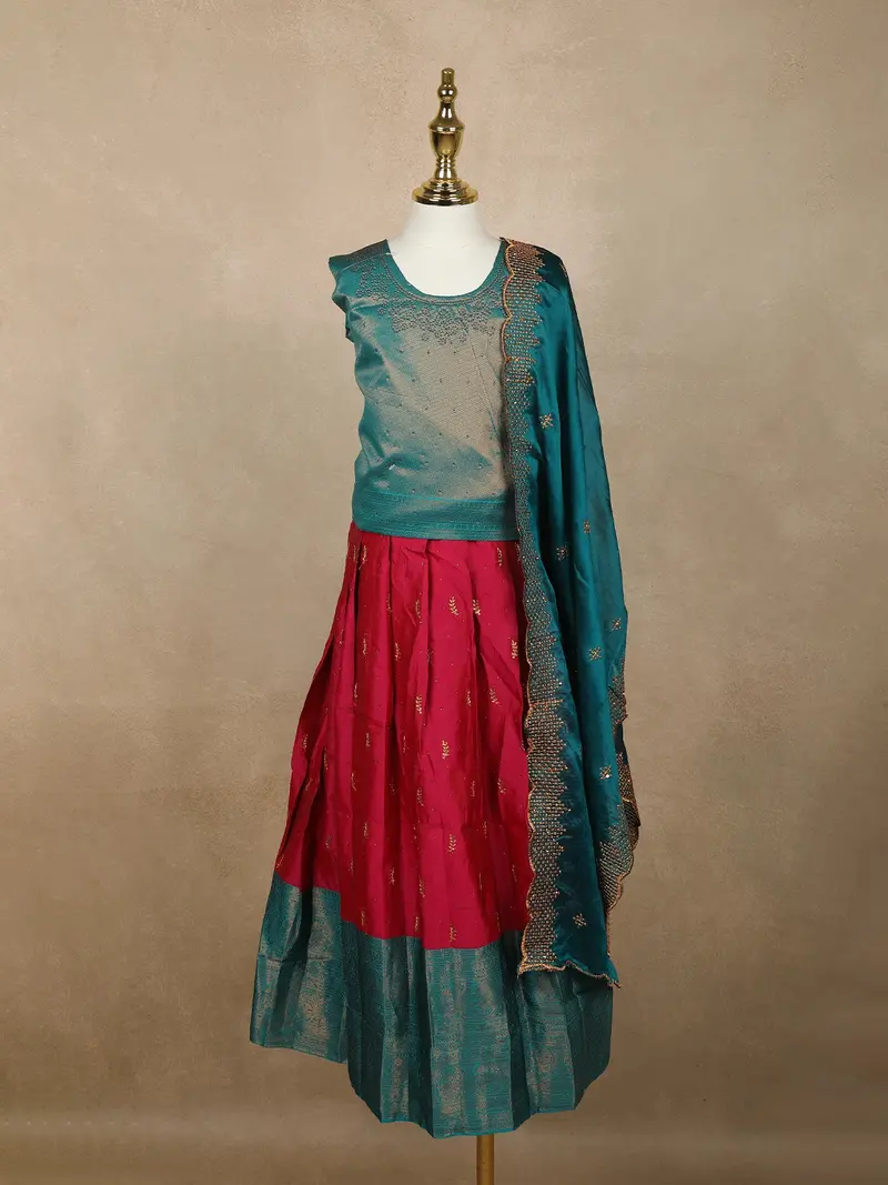 Teal Blue And Dark Pink Floral Zari Woven Raw Silk Pattu Pavadai With Dupatta 1