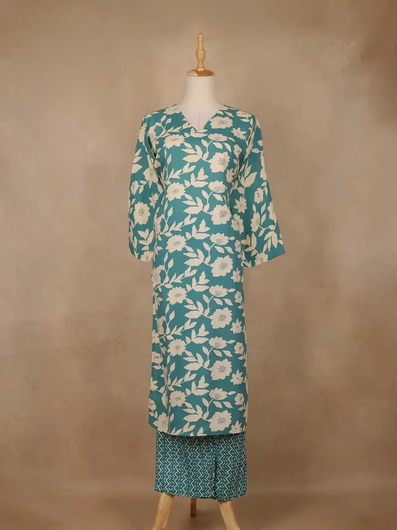 Teal Blue And Ivory Floral Printed Satin Salwar Suit 1
