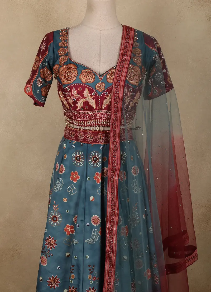 Teal Blue And Maroon Floral Beads Embroidered Design Tussar Lehenga With Dupatta 1