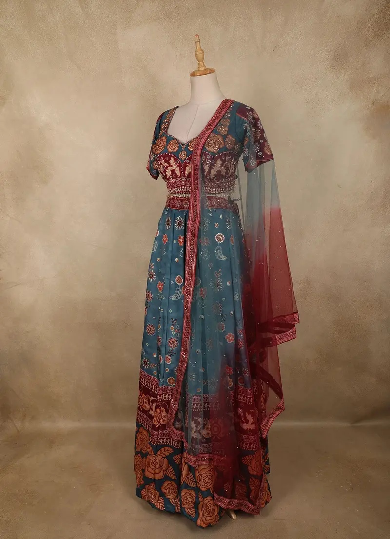 Teal Blue And Maroon Floral Beads Embroidered Design Tussar Lehenga With Dupatta 2