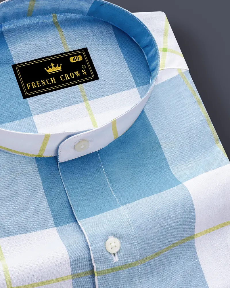 Teal Blue And White Checked Premium Cotton Shirt 1
