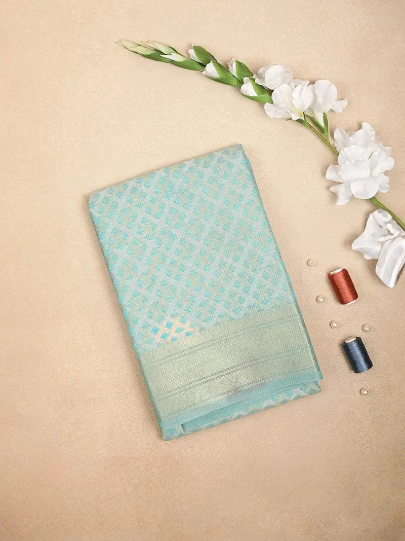 Teal Blue Art Silk Saree With Checks Design On The Body With Designed Zari Border 1
