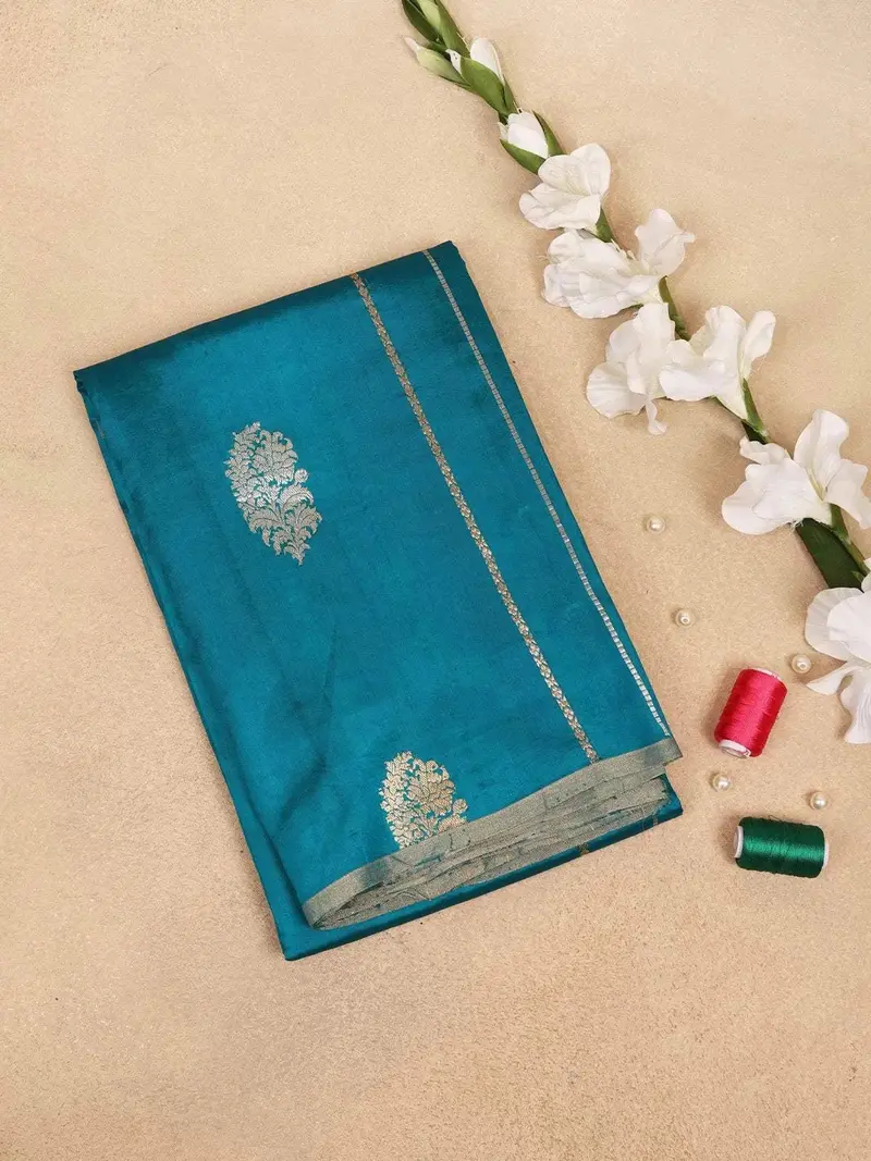 Teal Blue Banarasi Saree With Floral Motif On The Body And Zari Border 1