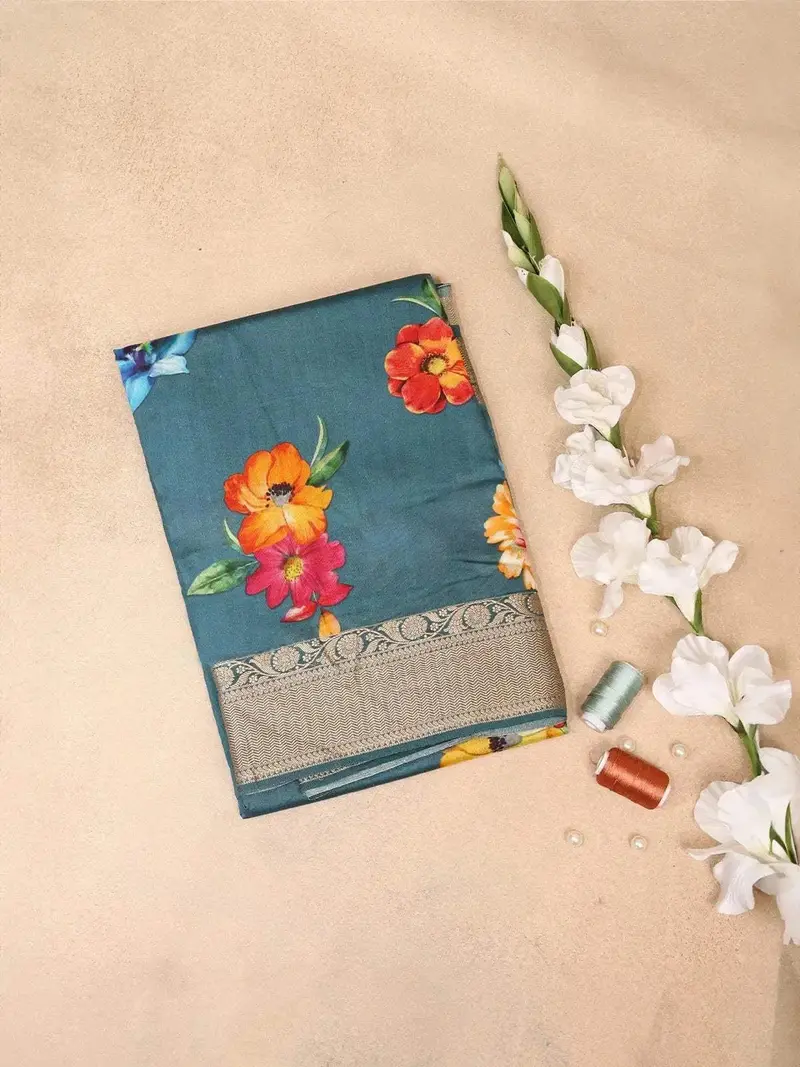 Teal Blue Banarasi Saree With Flower And Leaf Design On The Body And Zari Border 1