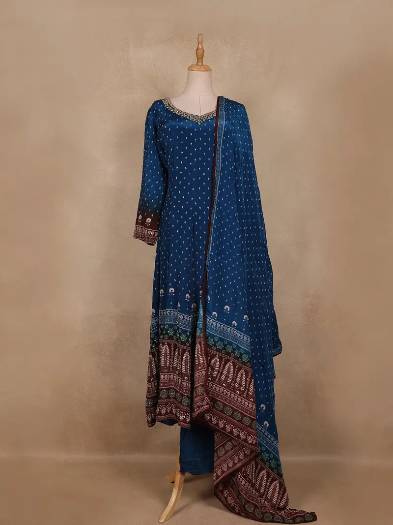 Teal Blue Bandhani Print Design Crepe Silk Palazzo Suit 1