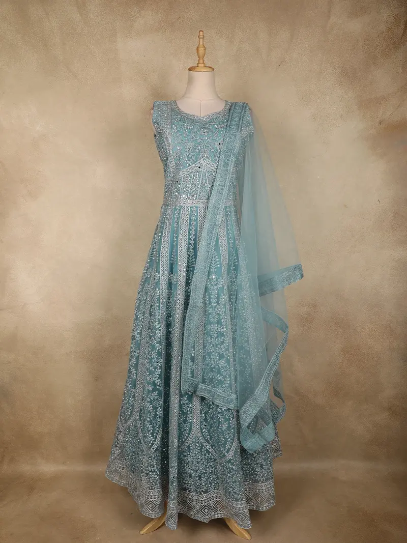 Teal Blue Beads And Sequins Embroidered Design Net Bridesmaid Gown 1