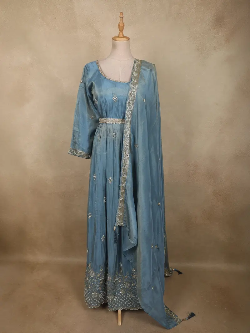 Teal Blue Beads And Zari Embroidered Design Semi Silk Gown With Dupata 1