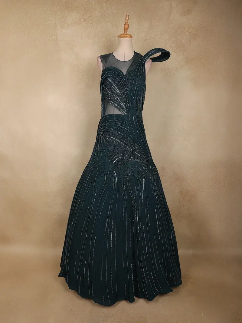 Teal Blue Beads Embellished Cascade Couture Design Net Party Wear Gown 1