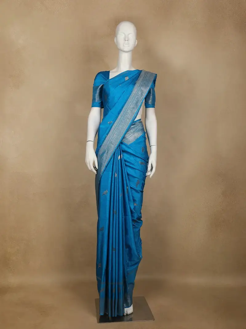 Teal Blue Bird Design Raw Silk Saree 1