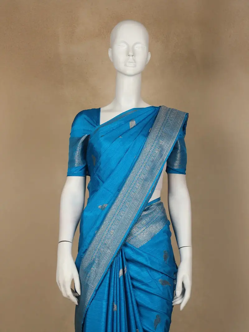 Teal Blue Bird Design Raw Silk Saree 2