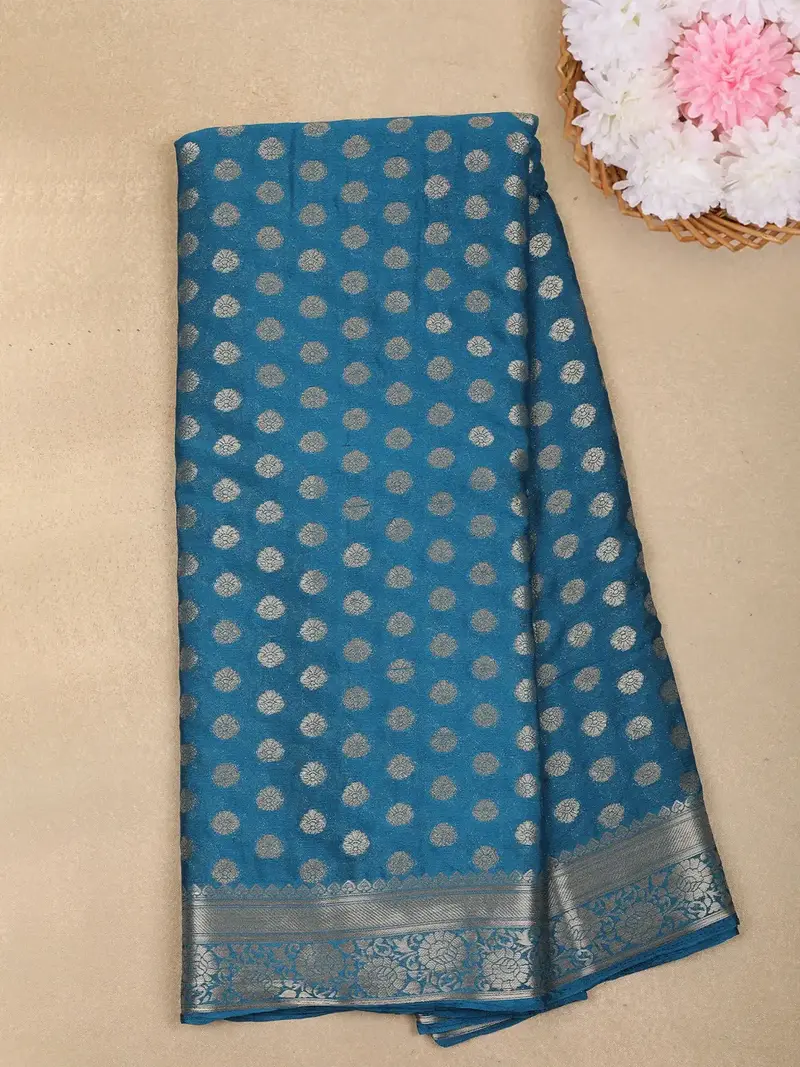 Teal Blue Butta Design Chiffon Saree 1
