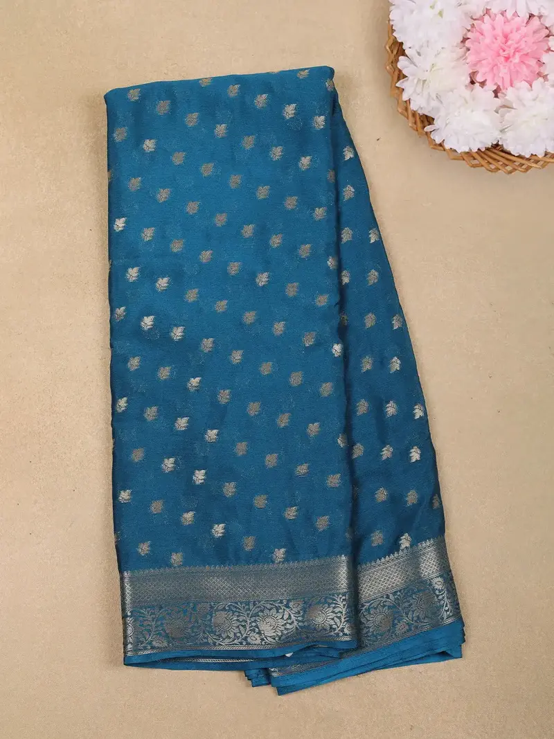 Teal Blue Butta Design Chiffon Saree 1