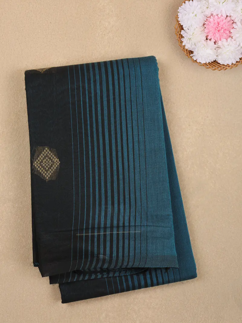 Teal Blue Butta Stripes Woven Design Cotton Saree With Contrast Border 1