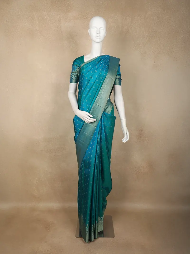 Teal Blue Butta Woven Design Kanchipuram Silk Saree With Contrast Gold Zari Border 1