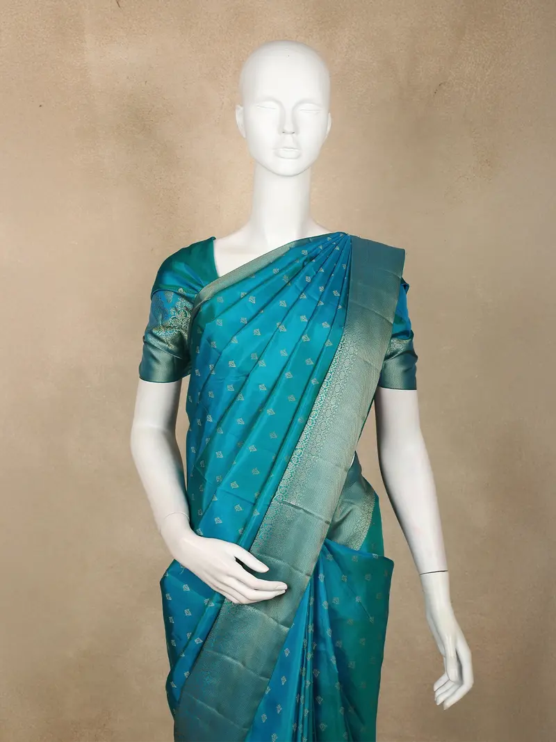 Teal Blue Butta Woven Design Kanchipuram Silk Saree With Contrast Gold Zari Border 2