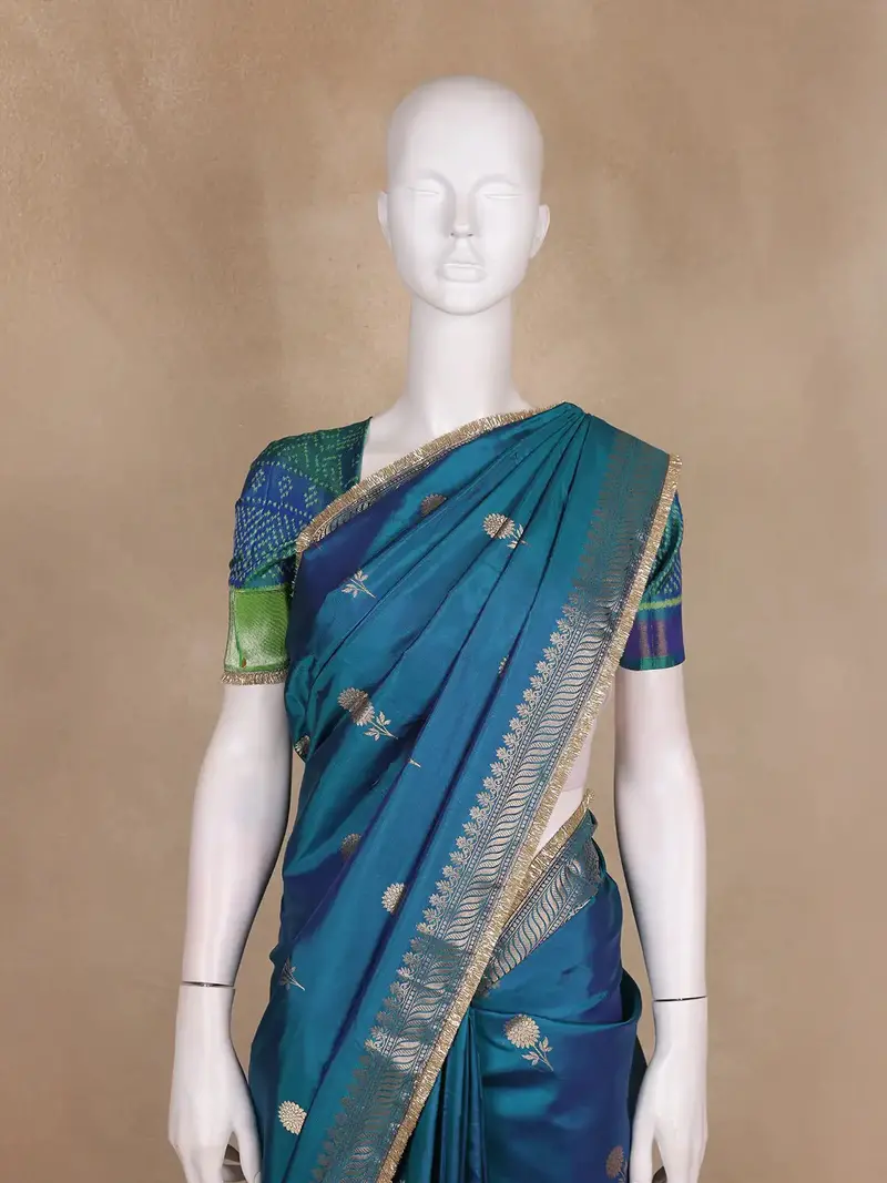 Teal Blue Butta Woven Design Pure Banarasi Saree 2