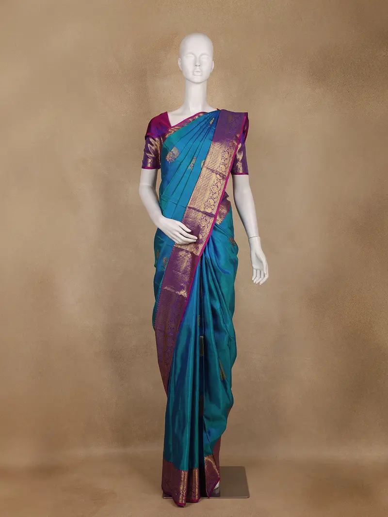 Teal Blue Butta Woven Design Pure Kanchipuram Silk Saree 1