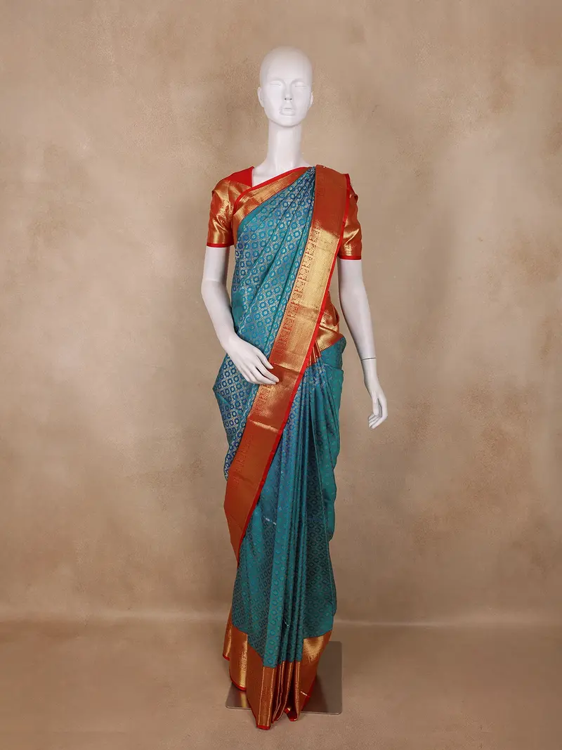 Teal Blue Butta Woven Design Pure Kanchipuram Silk Saree With Contrast Zari Border 1
