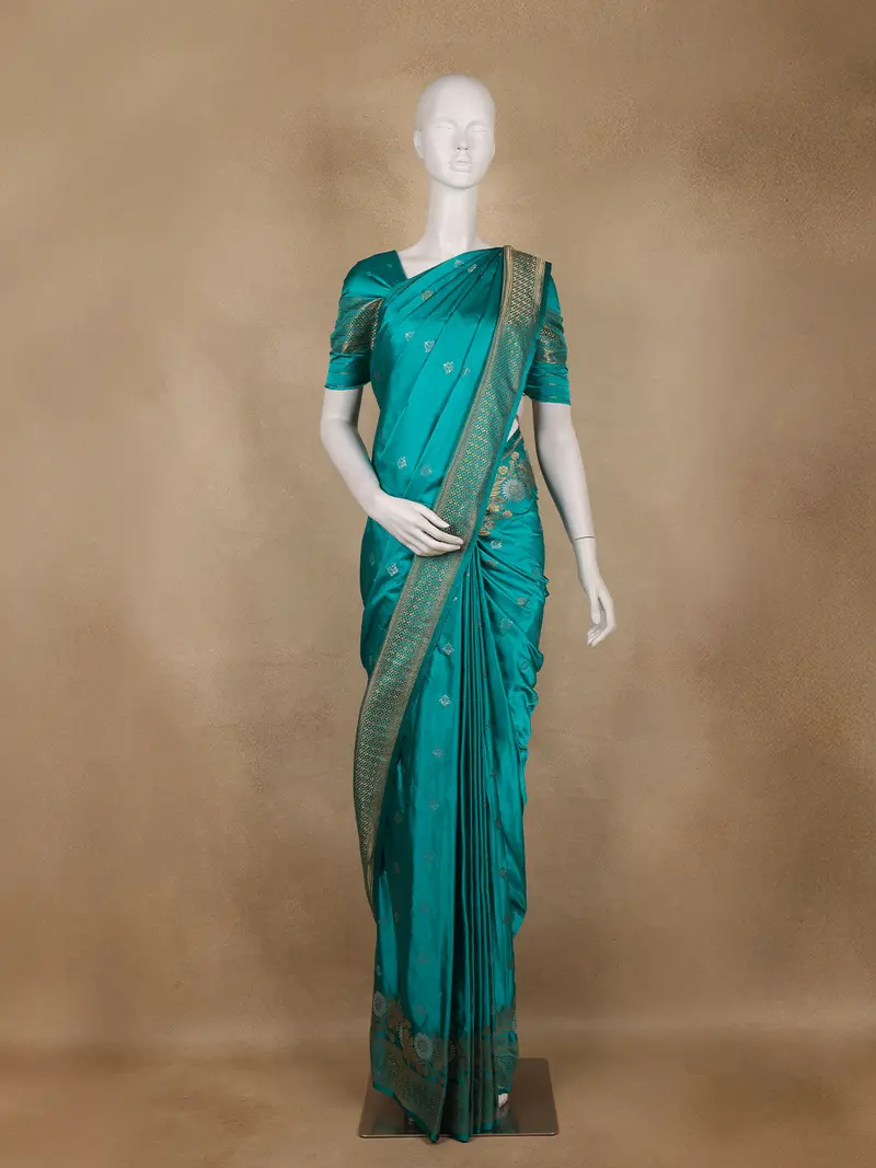 Teal Blue Butta Woven Design Semi Banarasi Silk Saree 1