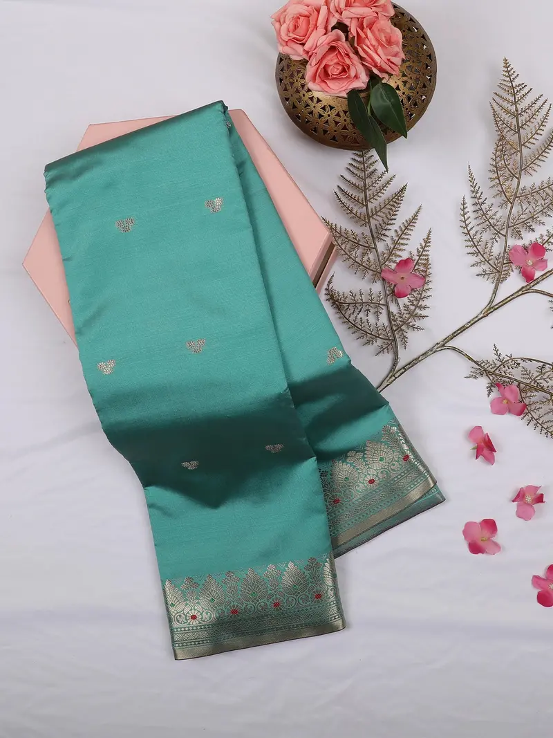 Teal Blue Butta Woven Design Soft Silk Saree With Silver Zari Floral Border 1