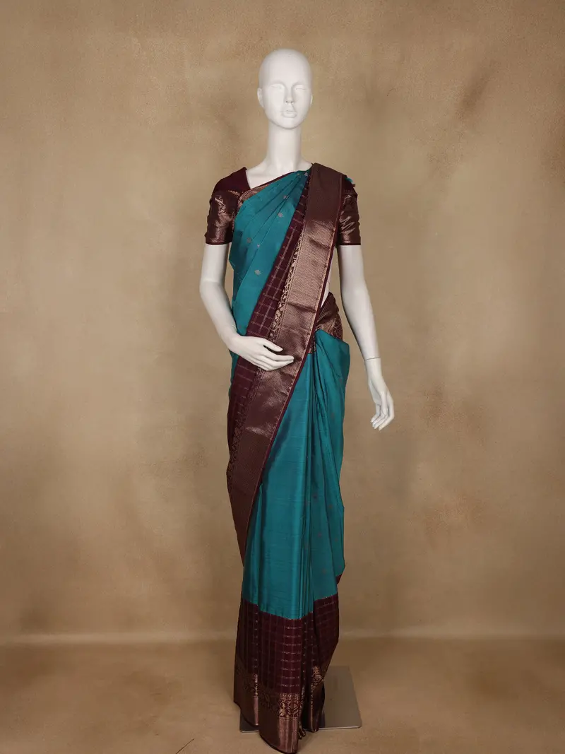 Teal Blue Butta Woven Pure Kanchipuram Silk Saree 1