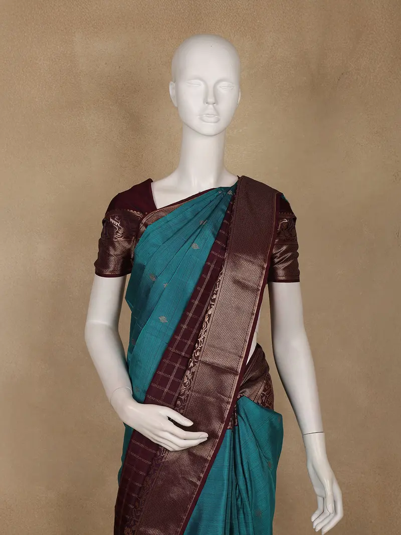 Teal Blue Butta Woven Pure Kanchipuram Silk Saree 2