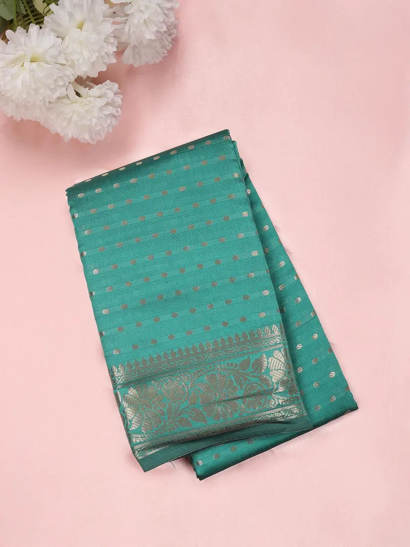 Teal Blue Butta Zari Woven Design Semi Silk Saree With Floral Border 1