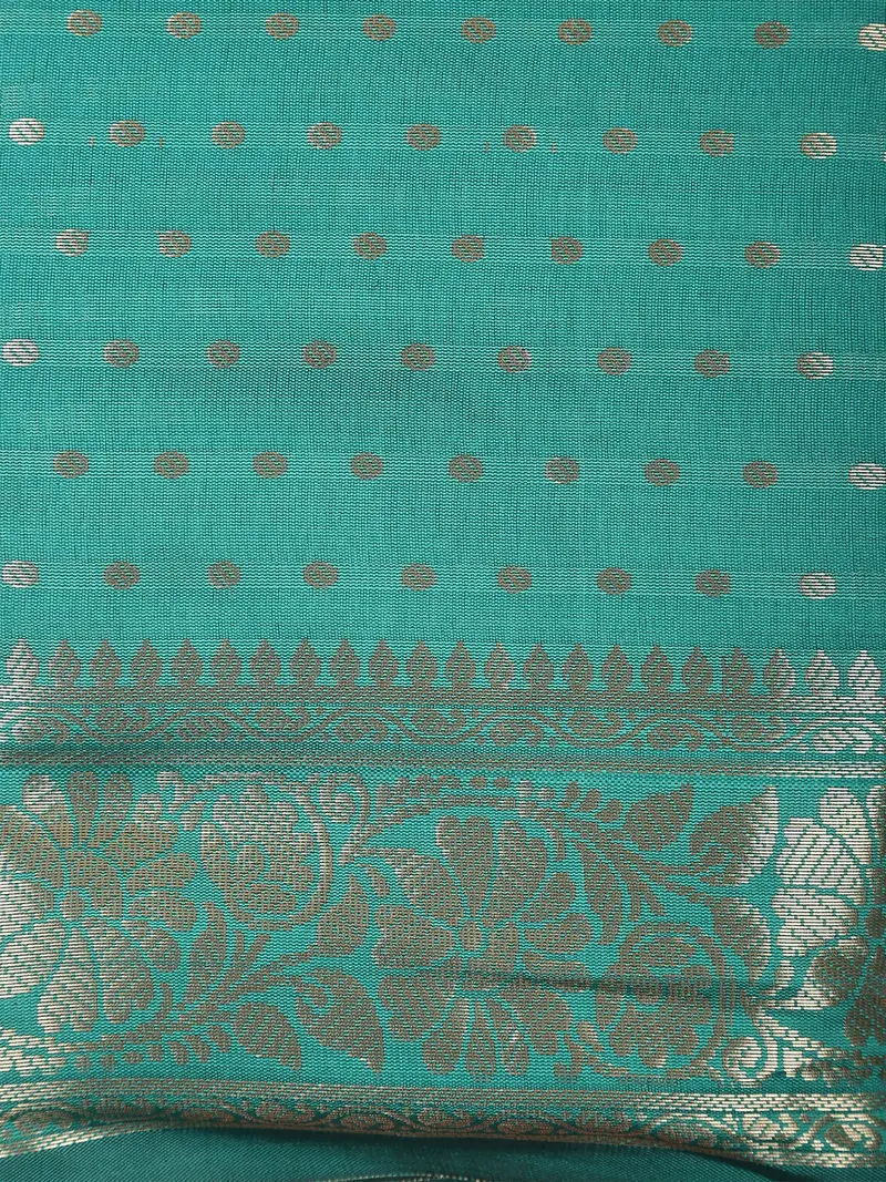 Teal Blue Butta Zari Woven Design Semi Silk Saree With Floral Border 2